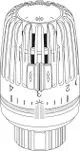 Thermostatkopf mit Klemmverbindung, von IMI Hydronic Engineering, ausgestattet mit Einstellskala und vertikalen Lamellen an der Oberfläche.